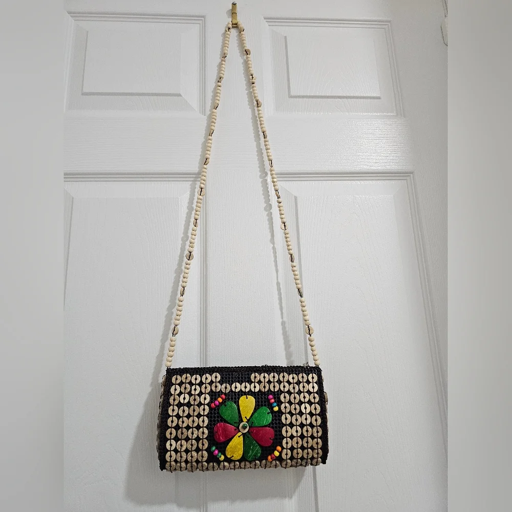 Handcrafted Beaded Flower Crossbody Bag in Natural and Multicolor - Picture 10 of 10
